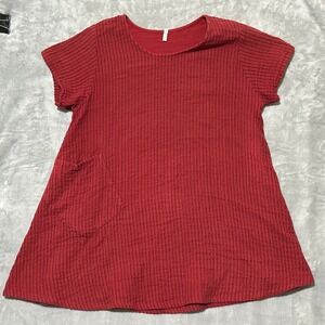 Red Textured Stripe Short Sleeve Tunic Dress With Pocket‎ Size S/M